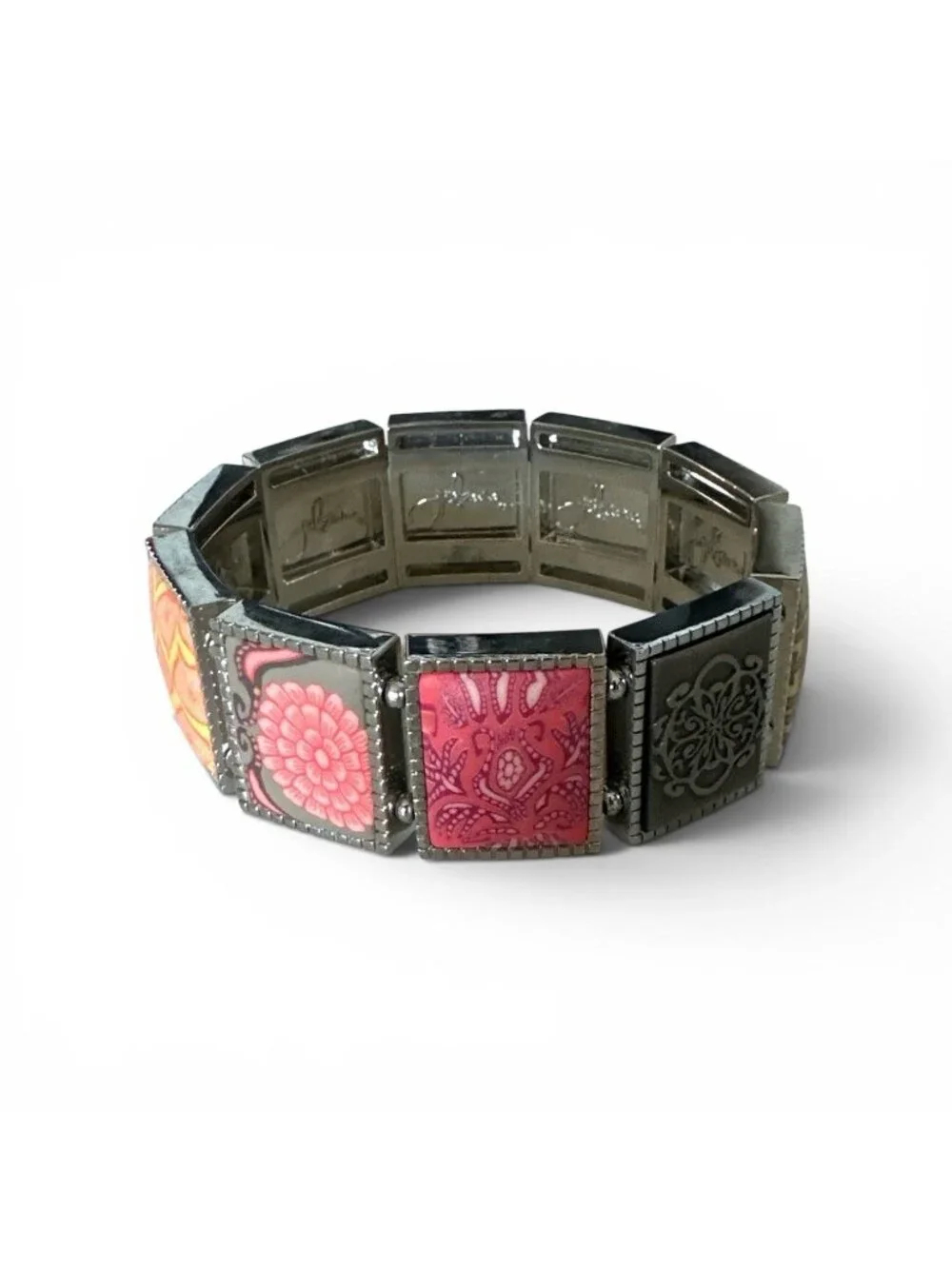 JILZARA Handmade Clay Bead Large Square Stretch Bracelet Pink Orange Gray Floral